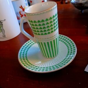 Nieman Marcus Green Clover Patterned Expresso Cup and Saucer Set